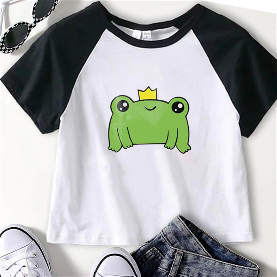 Crowned Frog Baskılı Reglan Kol Beyaz Crop