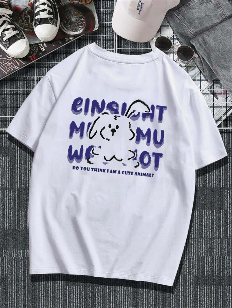 Cute Animal Sırt Baskılı Beyaz Unisex Oversize T-shirt