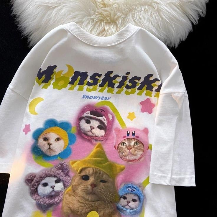 Cute Cat Baskılı Oversize T-shirt