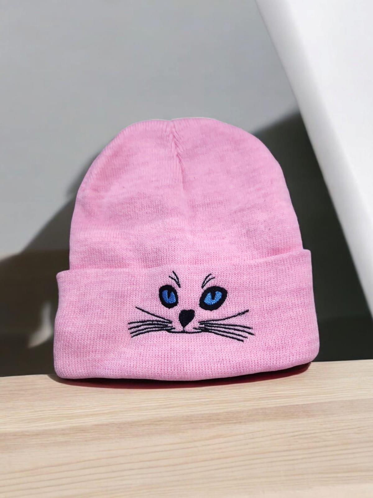 Cute Cat Nakış İşleme Pembe Bere