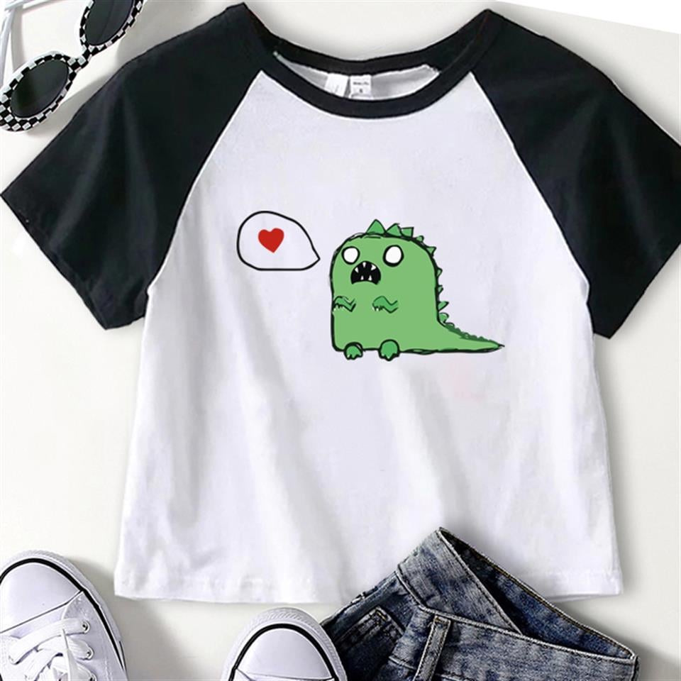 Cute Dino Baskılı Reglan Kol Beyaz Crop