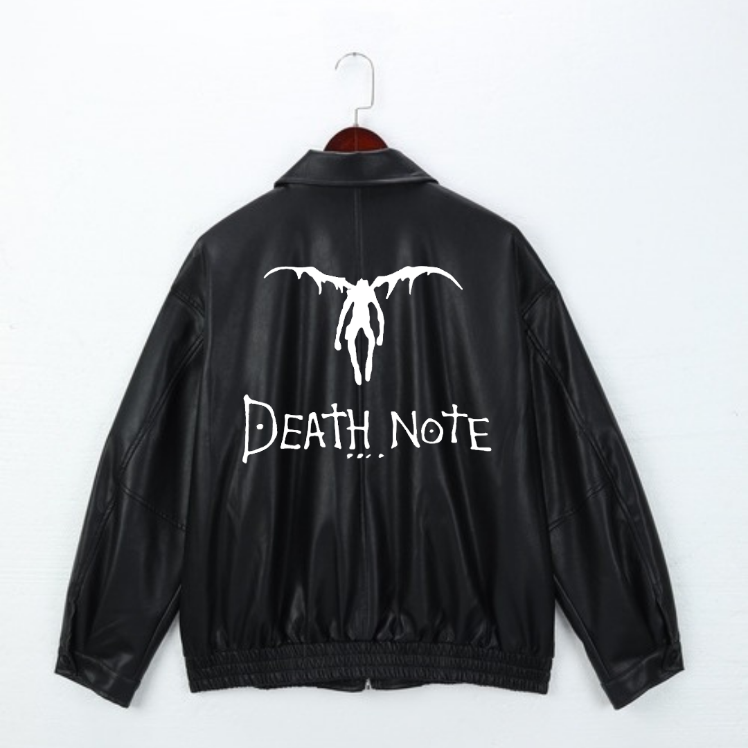 Death Note Baskılı Streetwear Siyah Oversize Unisex Astarlı Deri Ceket