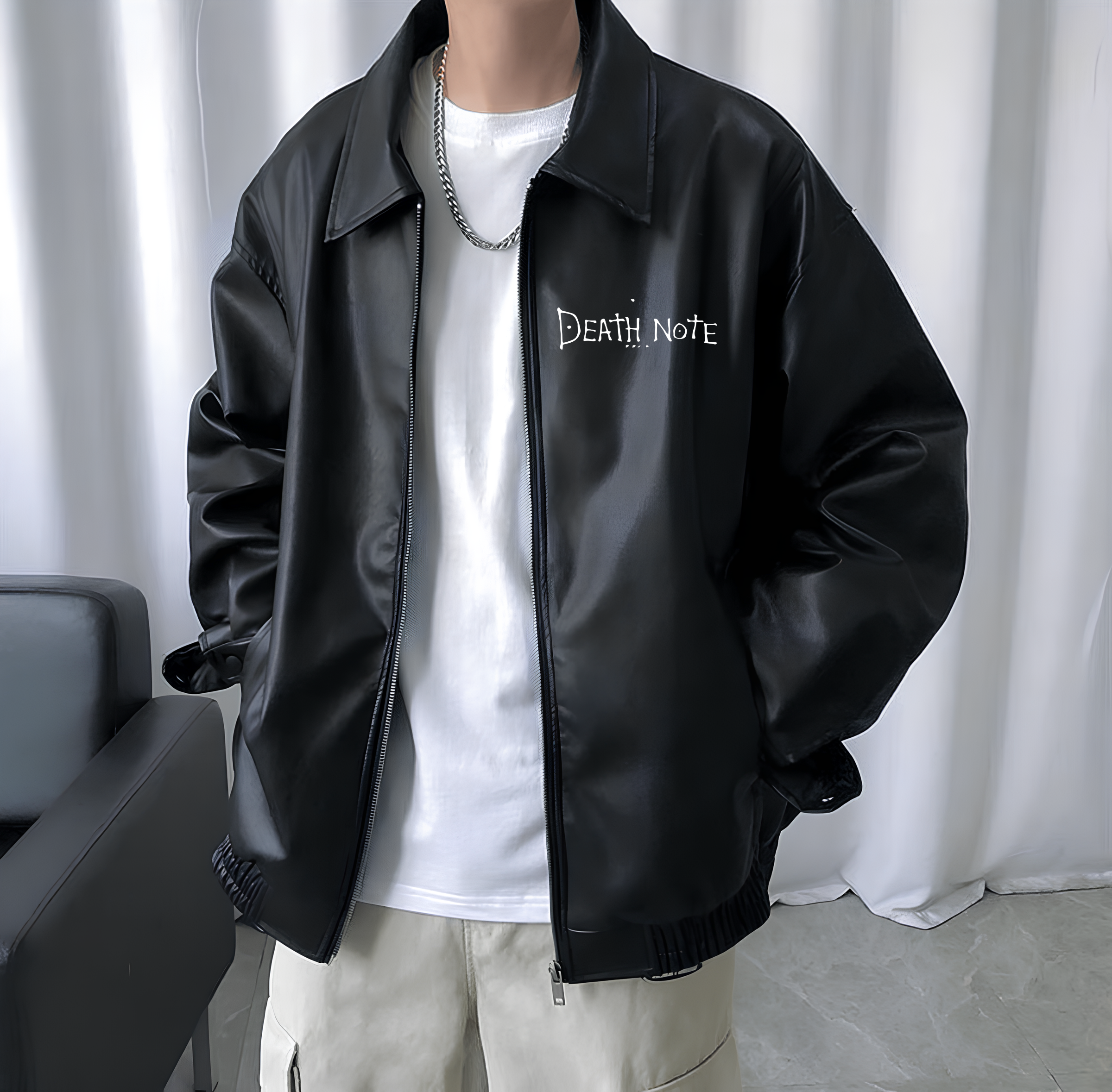 Death Note Baskılı Streetwear Siyah Oversize Unisex Astarlı Deri Ceket