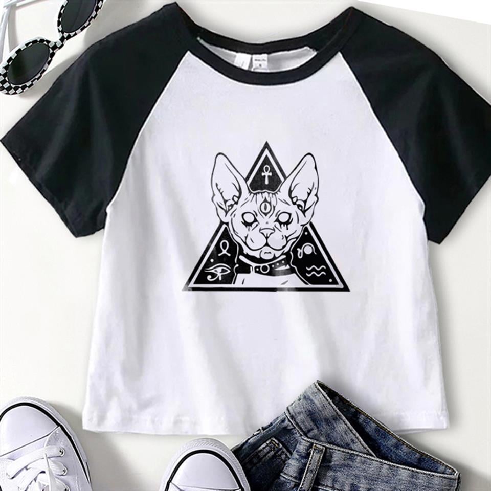 Demonic Cat Baskılı Reglan Kol Beyaz Crop