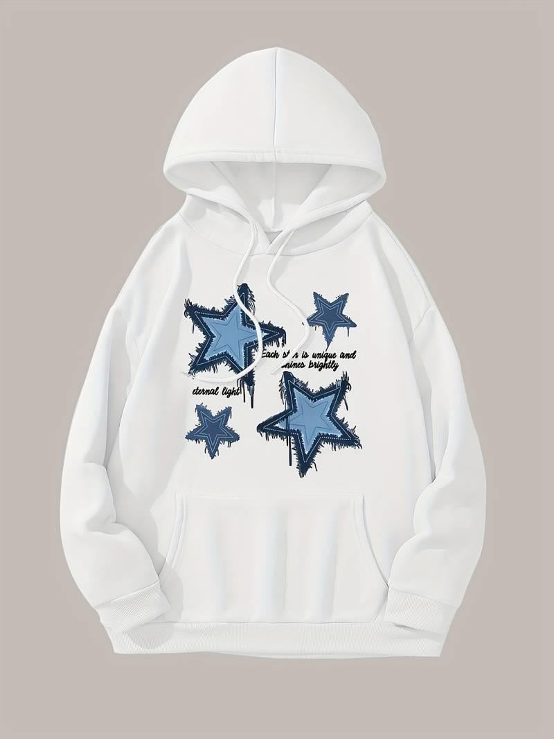 Denim Star Baskılı Kapşonlu Beyaz Sweatshirt 
