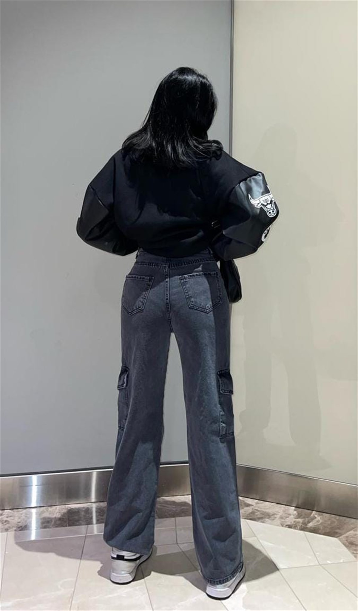 Deri Kol Detay Baskılı Unisex Oversize Kolej Ceket