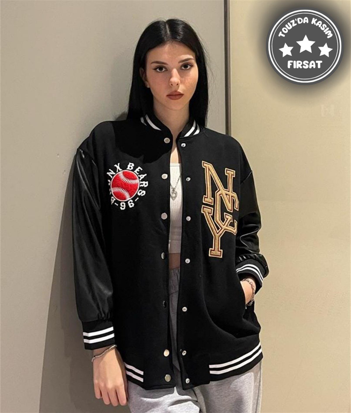 Deri Kol Detay Siyah Nakış İşleme Unisex Kolej Ceket 