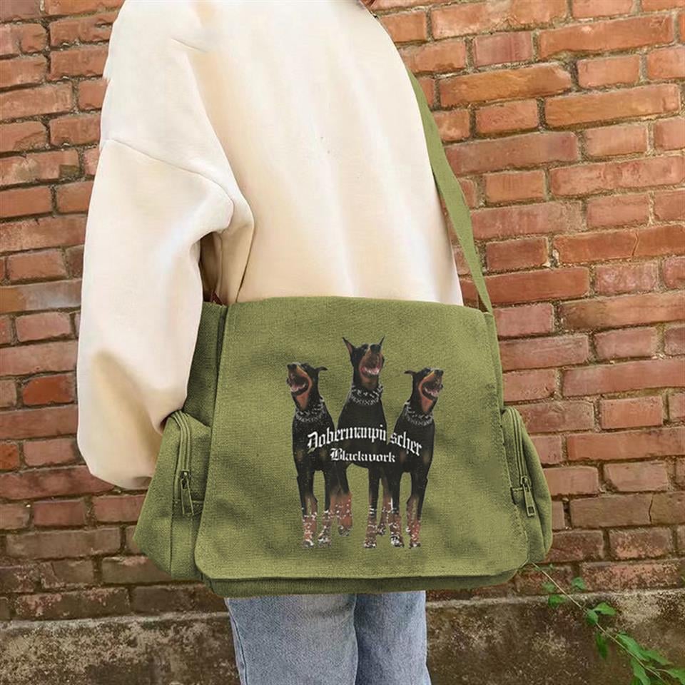 Dobermans Baskılı Unisex Yeşil Postacı Çantası