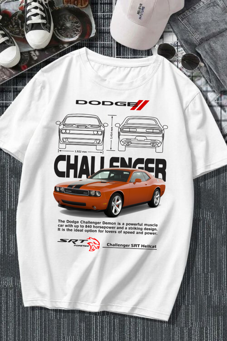 Dodge Challenger Baskılı Beyaz T-shirt