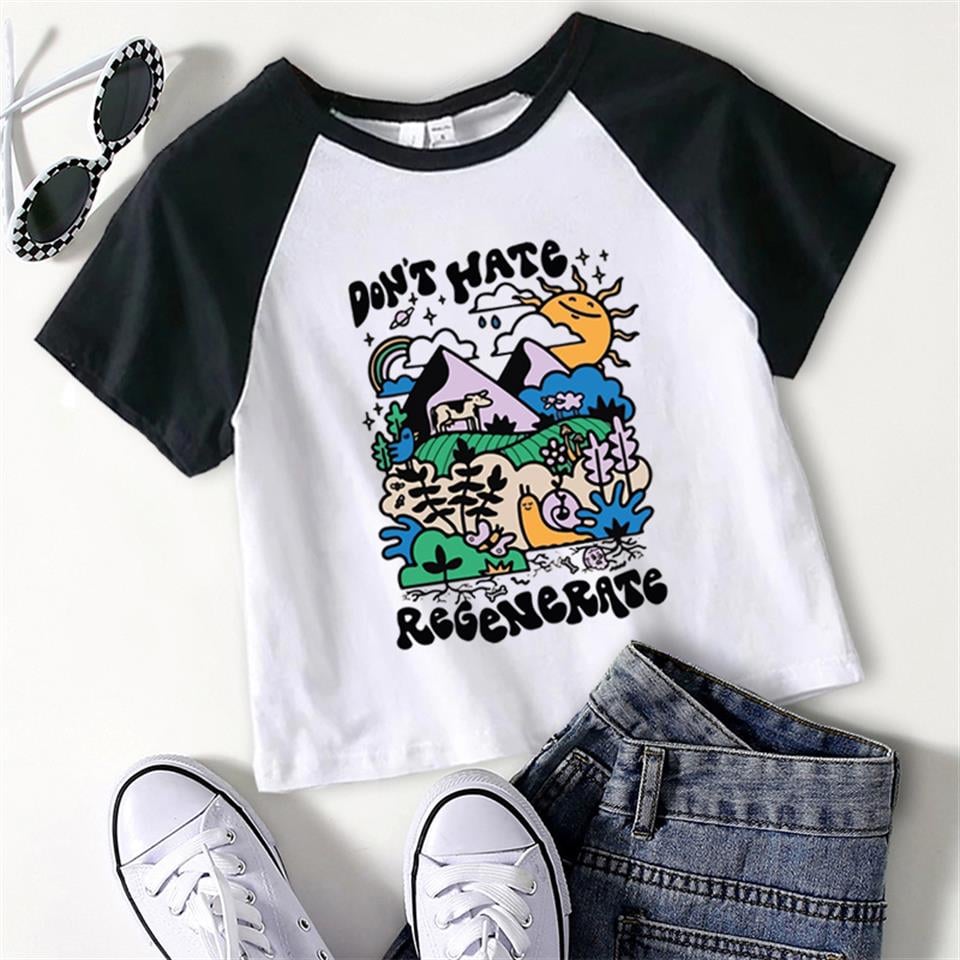 Don't Hate Regenerate Baskılı Reglan Kol Beyaz Crop