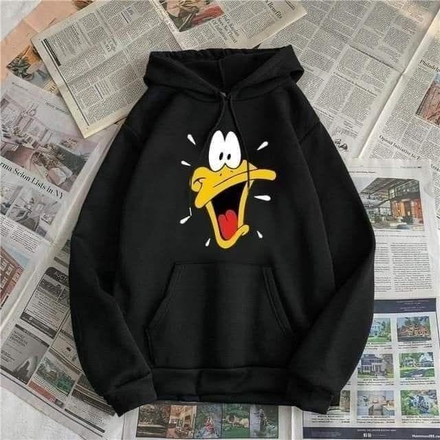 Duck Baskılı Kapşonlu Siyah Sweatshirt 