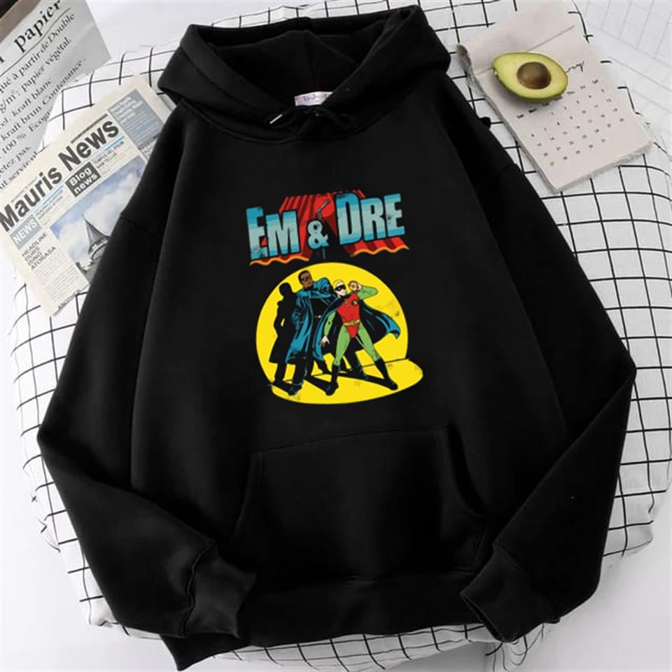 Em & Dre Baskılı Siyah Unisex Oversize Kapüşonlu Sweatshirt