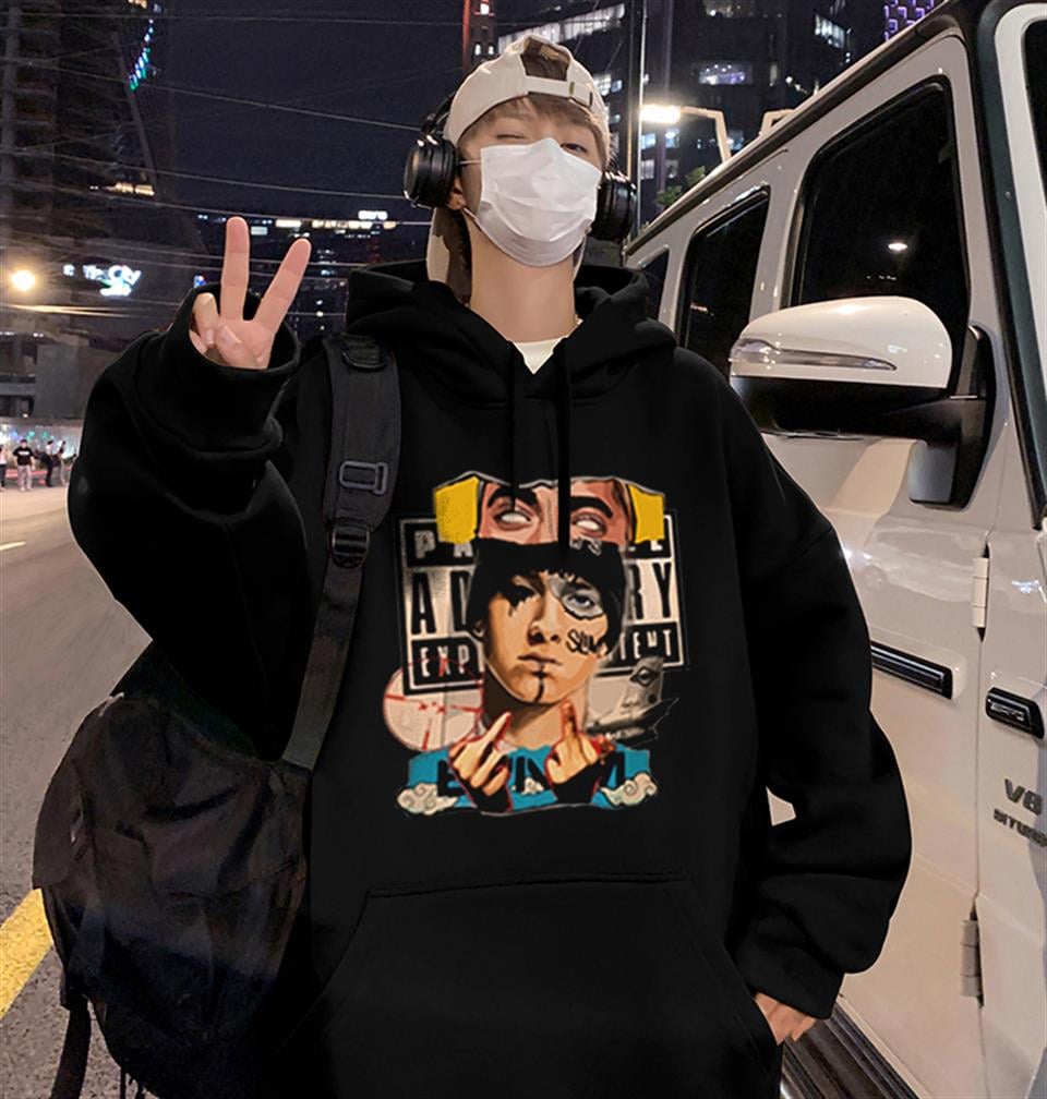 Eminem Baskılı Siyah Unisex Oversize Kapüşonlu Sweatshirt