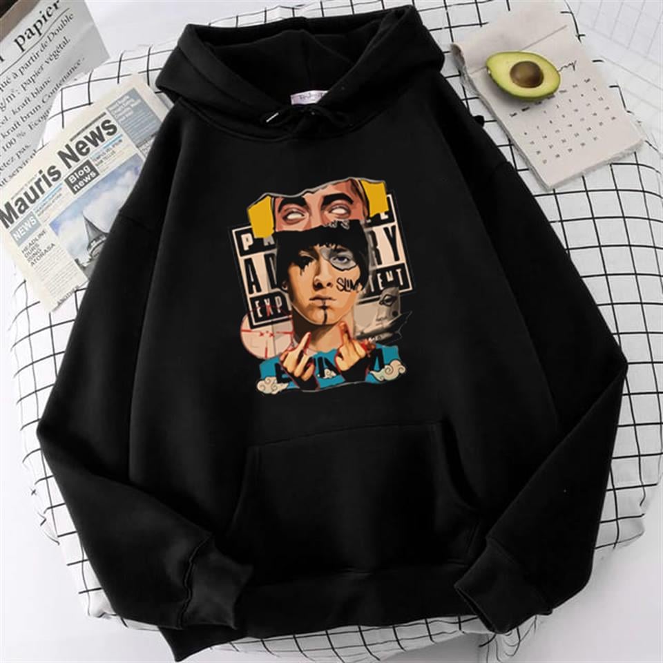 Eminem Baskılı Siyah Unisex Oversize Kapüşonlu Sweatshirt