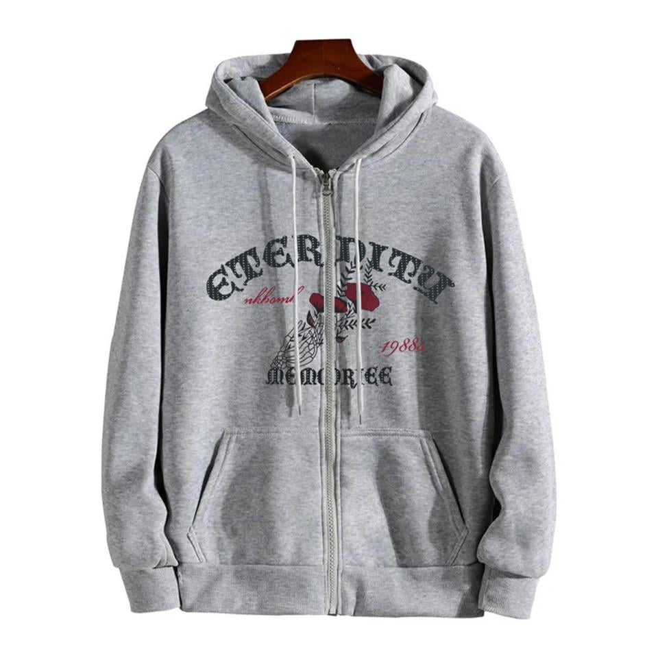 Eternity Baskılı Oversize Fermuarlı Gri Unisex Kapüşonlu Hırka