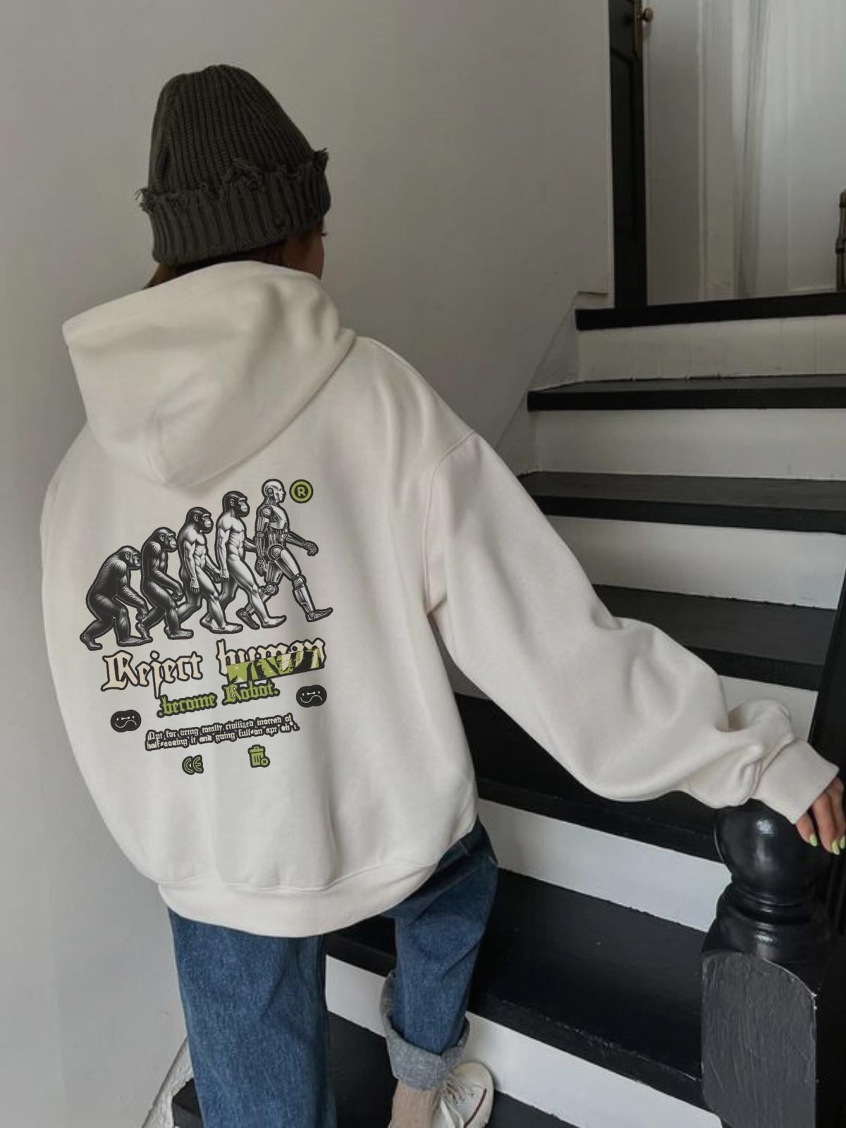 Evolution Baskılı Beyaz Kapşonlu Sweatshirt 