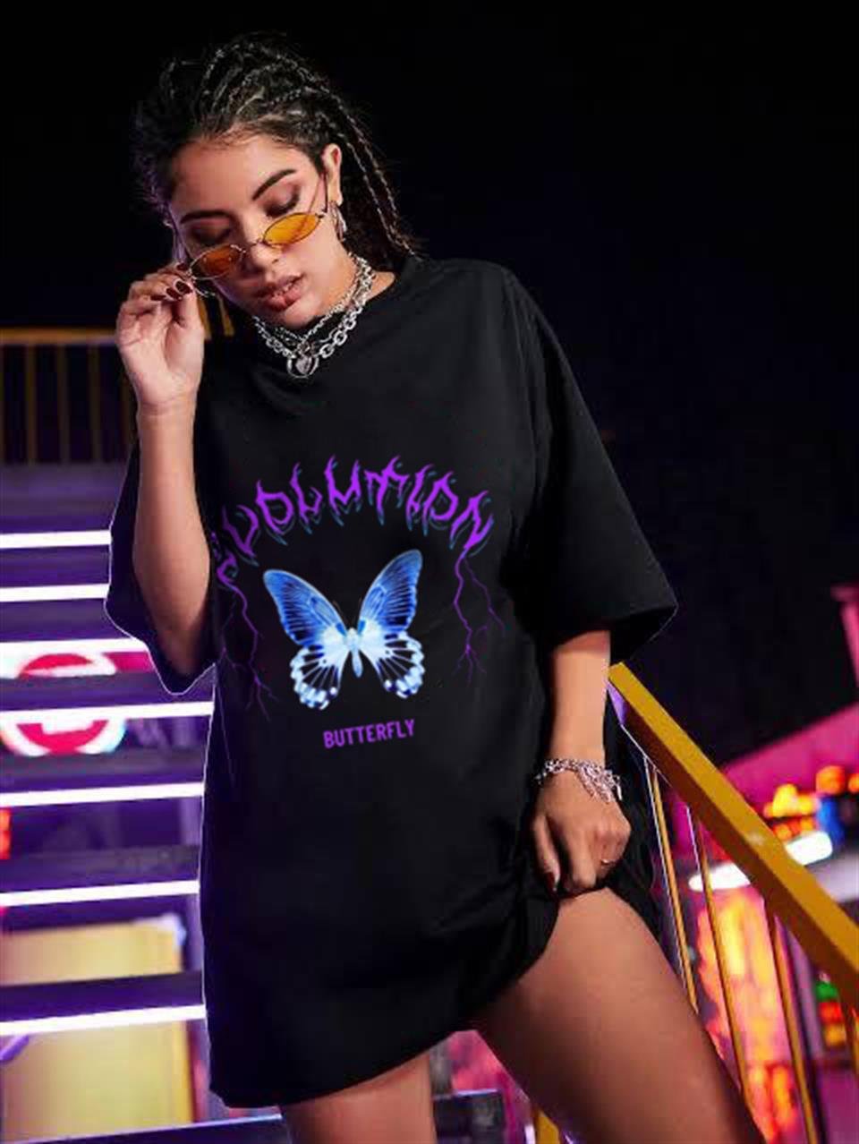 Evolution Butterfly Baskılı Siyah Unisex Oversize T-shirt
