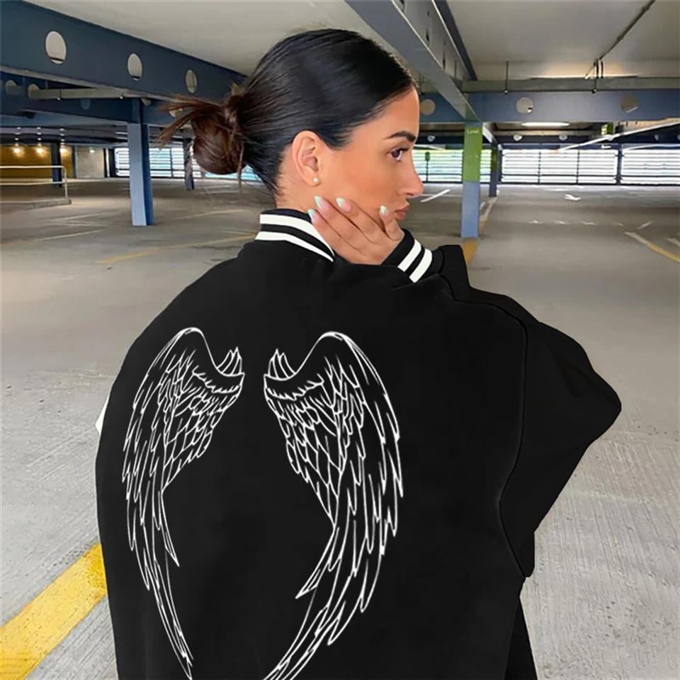 Feathered Wing Sırt Baskılı Unisex Oversize Siyah Kolej Ceket