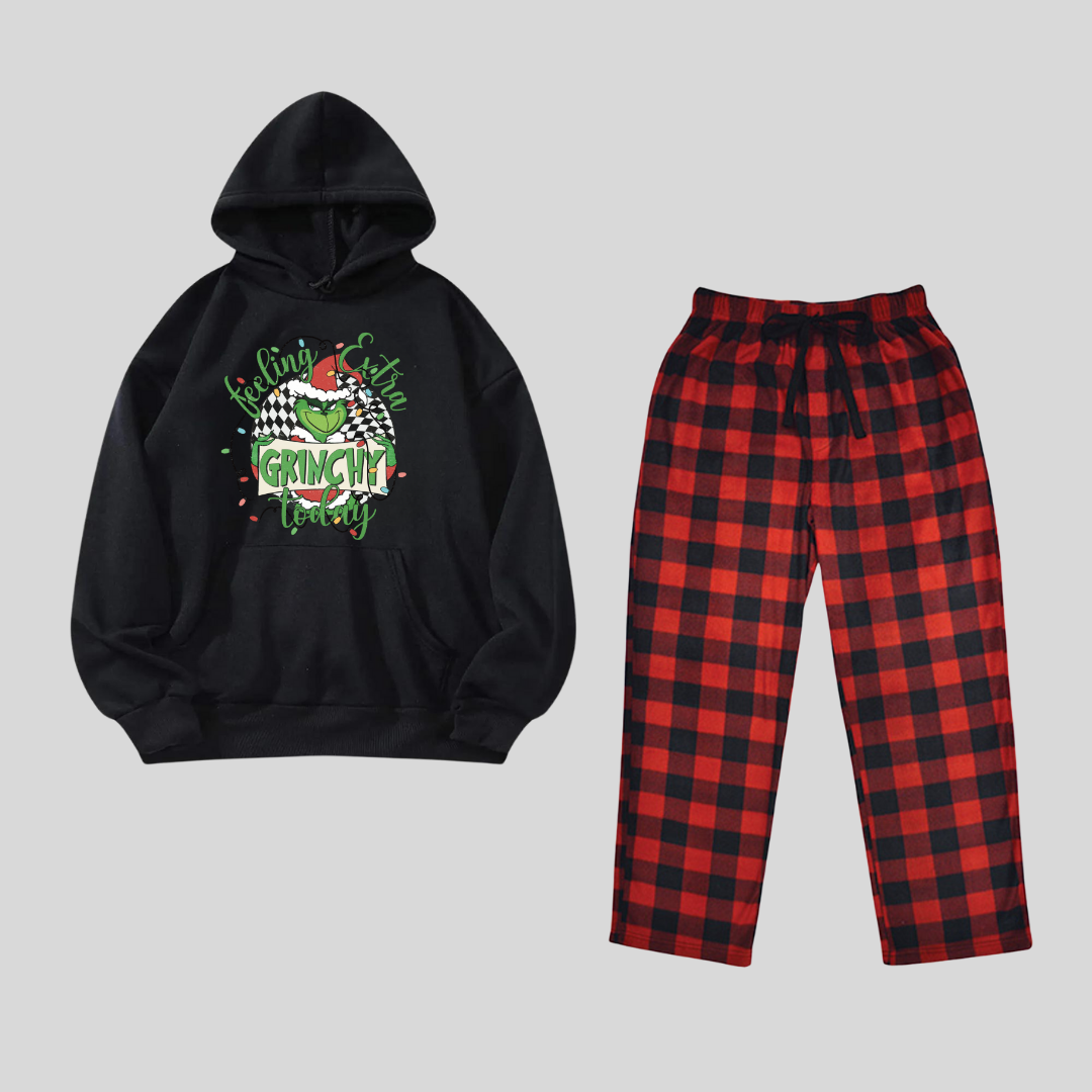 Feeling Grinch Extra Today Baskılı Siyah Unisex Oversize Alt Üst Kapşonlu 2 Li Takım