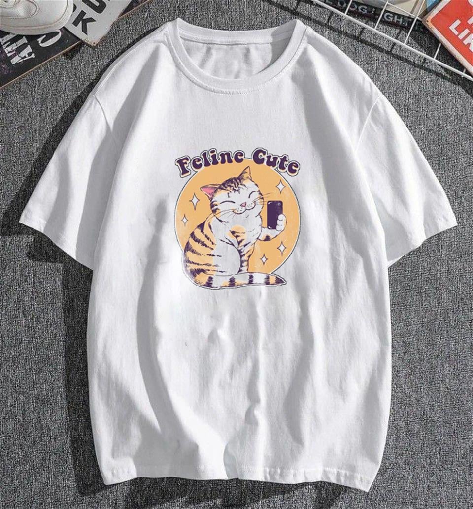 Feline Cute Beyaz Unisex Oversize T-shirt