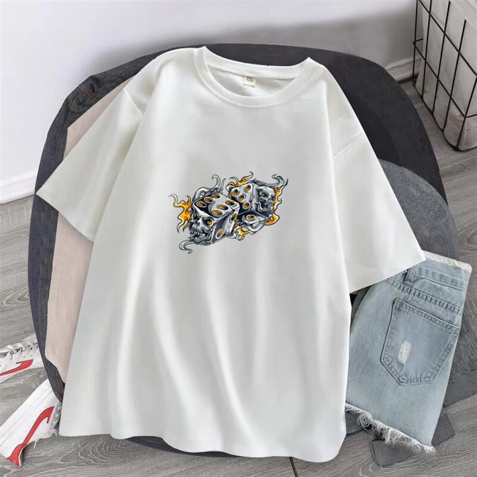 Flaming Dice & Skulls Baskılı Beyaz Unisex Oversize T-shirt