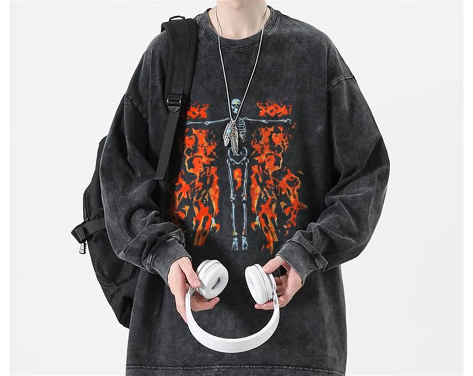 Flaming Skeleton Baskılı Yıkamalı Vintage Unisex Oversize Bisiklet Yaka Sweatshirt