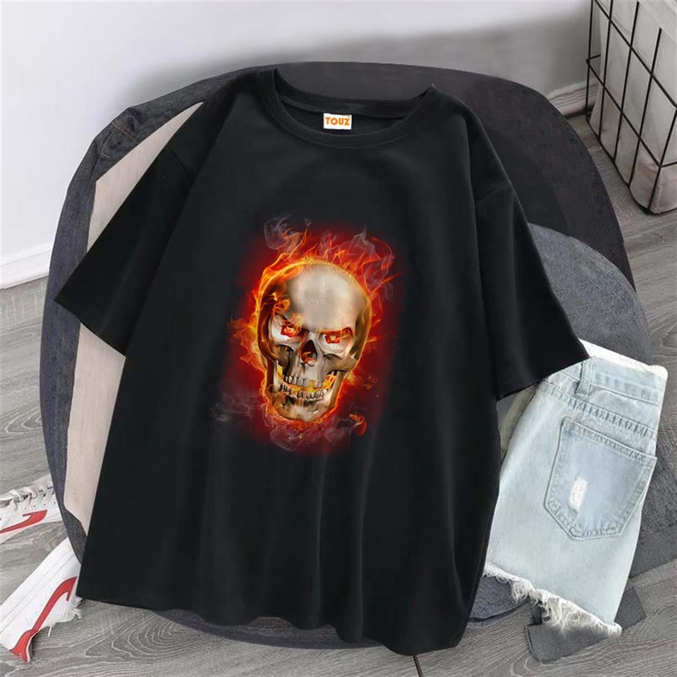 Flaming Skull Baskılı Siyah Unisex Oversize T-shirt