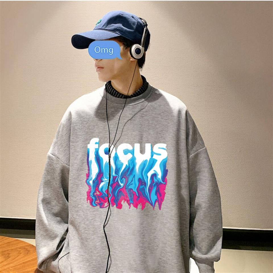 Focus Baskılı Gri Unisex Oversize Bisiklet Yaka Sweatshirt
