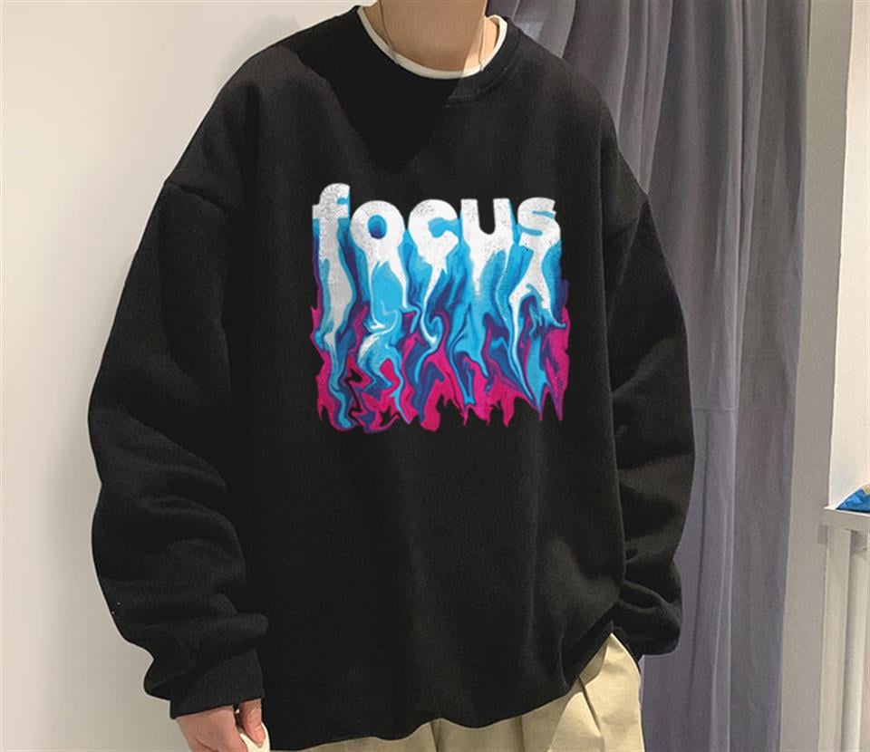Focus Baskılı Siyah Unisex Oversize Bisiklet Yaka Sweatshirt