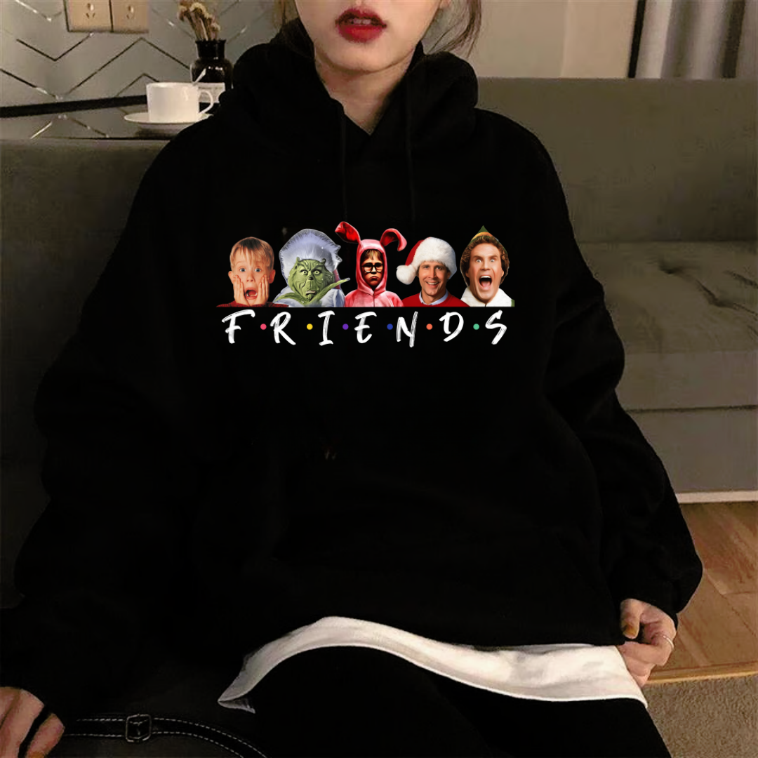 Friends Christmas Baskılı Siyah Unisex Oversize Kapüşonlu Sweatshirt