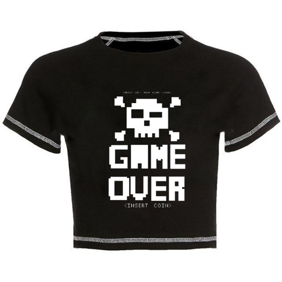 Game Over Baskılı Ters Dikiş Siyah Crop