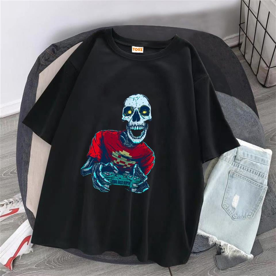 Gamer Skull Baskılı Siyah Unisex Oversize T-shirt