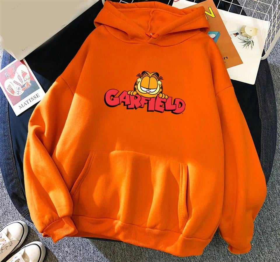 Garfield Baskılı Turuncu Unisex Kapüşonlu Oversize Sweatshirt Hoodie
