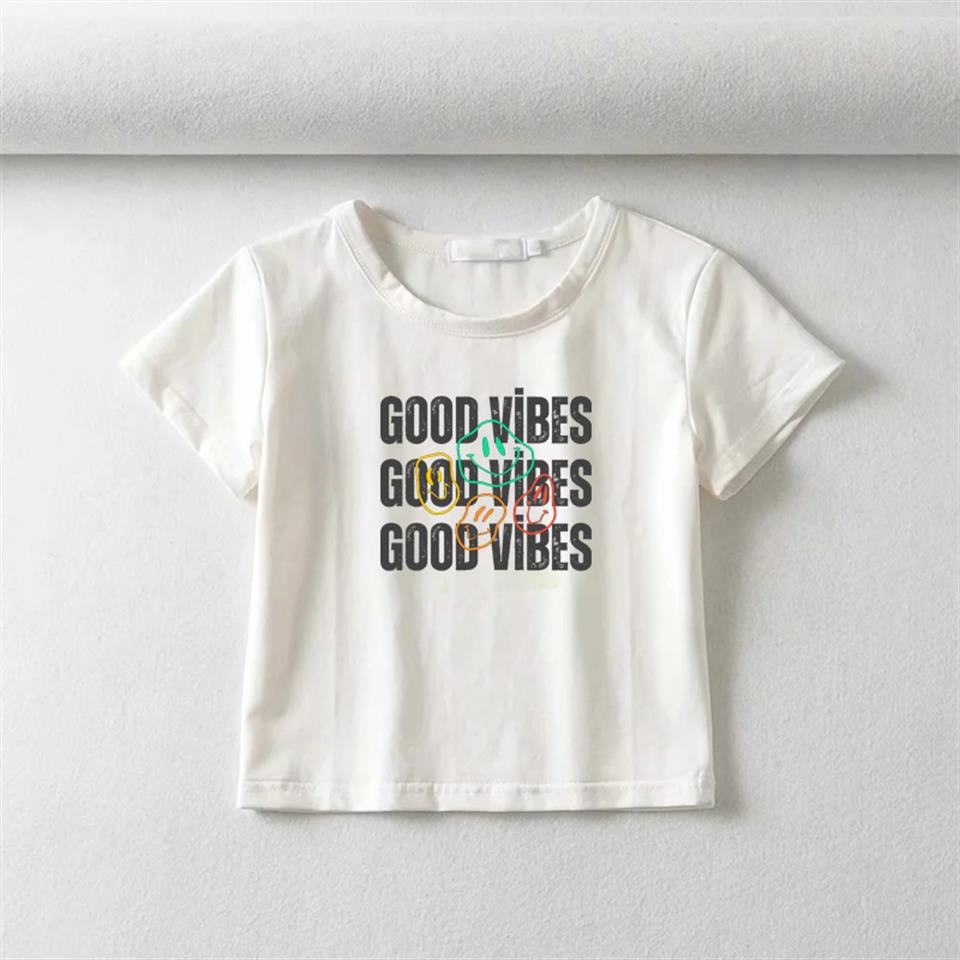 Good Vibes Baskılı Beyaz Crop