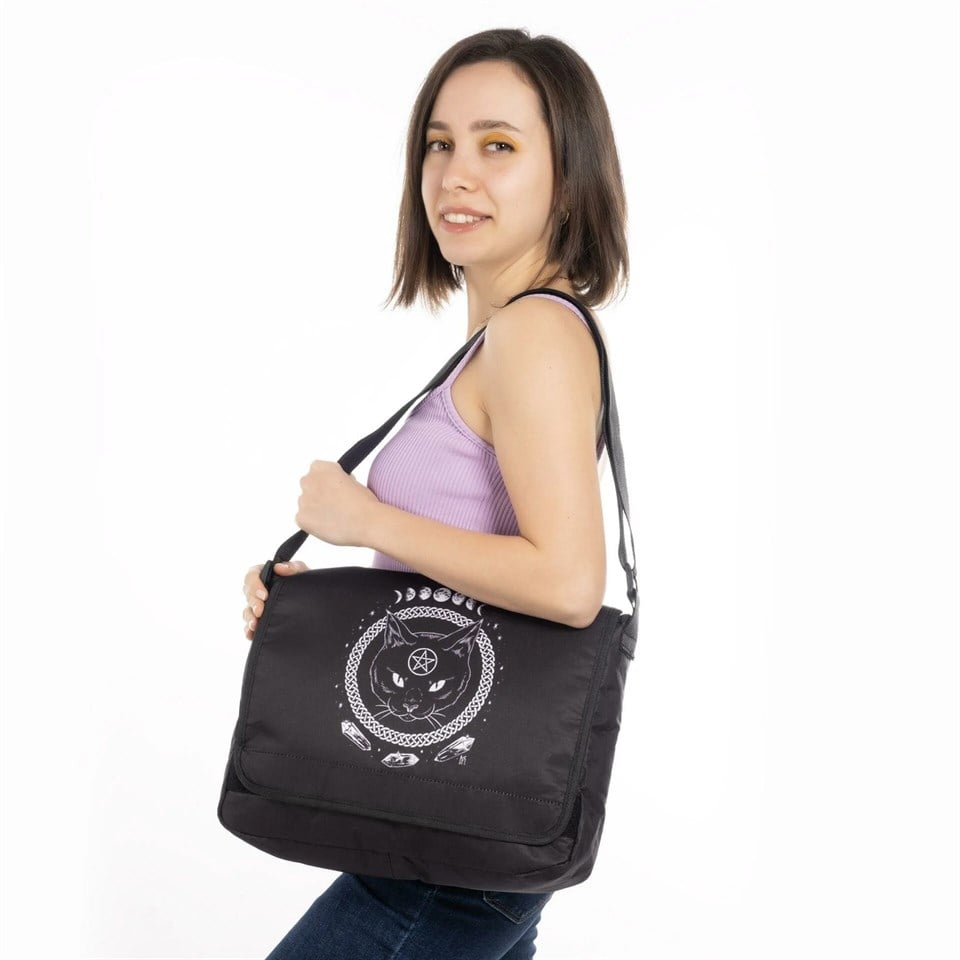 Gothic Cat Baskılı Unisex Postacı Çantası