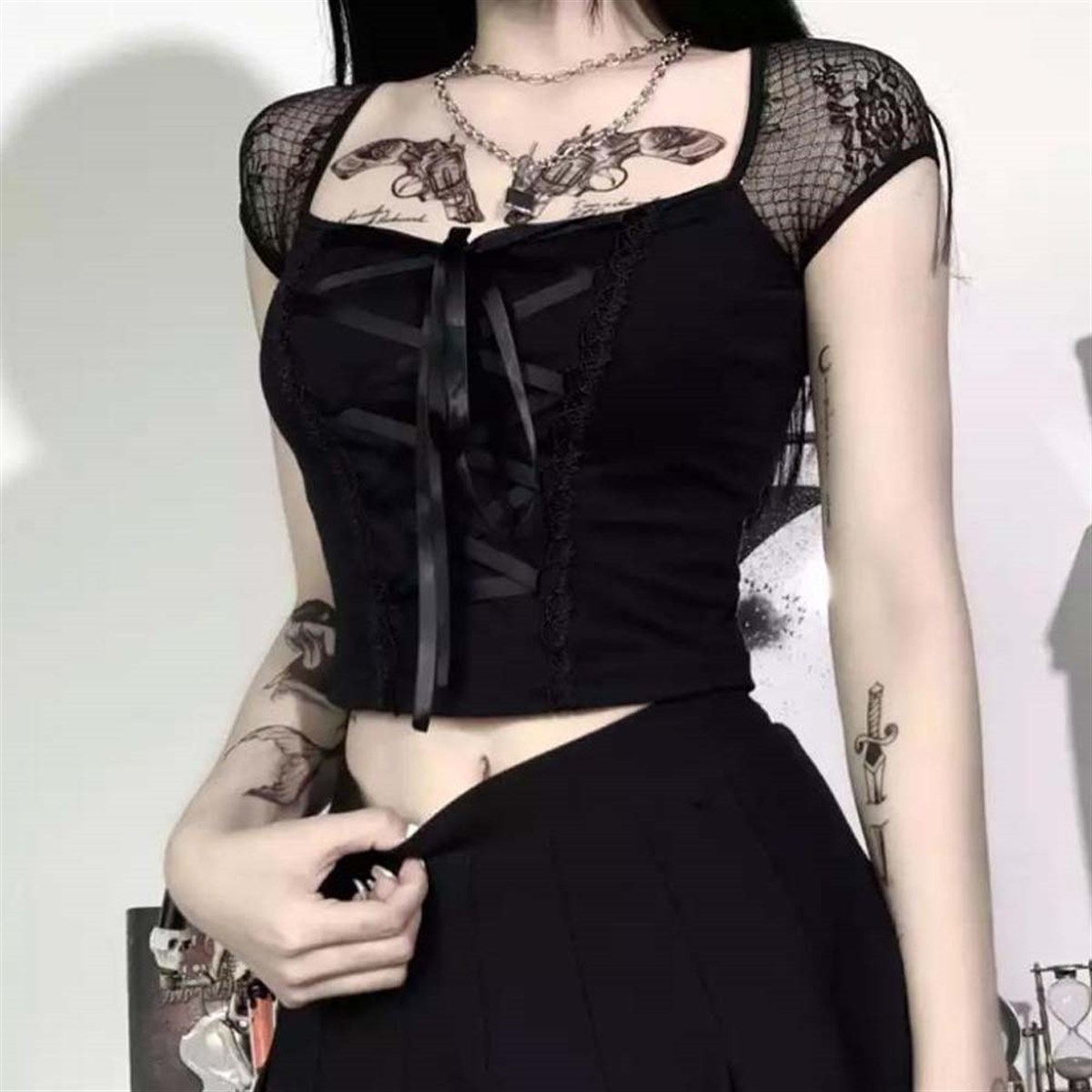 Gothic Harajuku Fashion Detaylı Dantel Siyah Kadın Crop Body