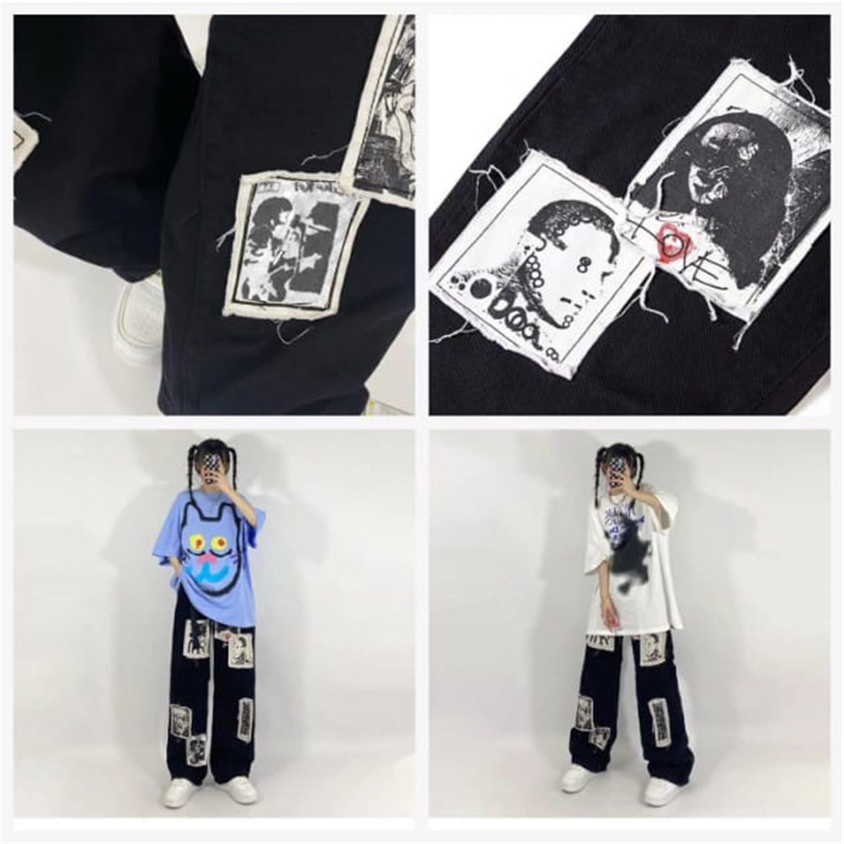 Gothic Punk Distressed Appliques Unisex Pantolon