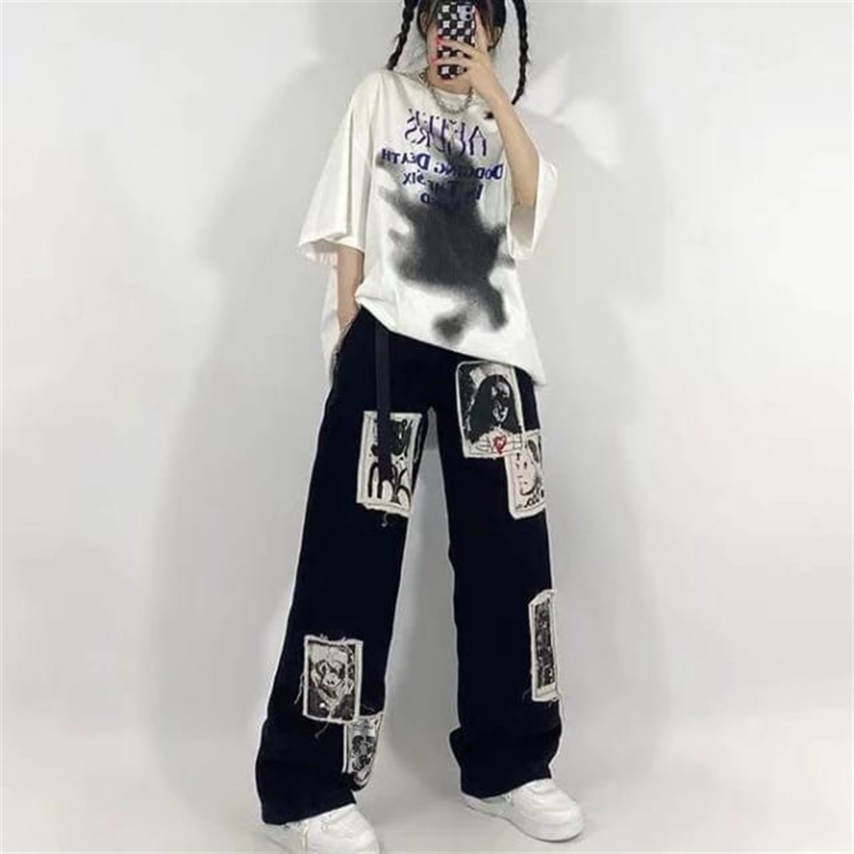 Gothic Punk Distressed Appliques Unisex Pantolon