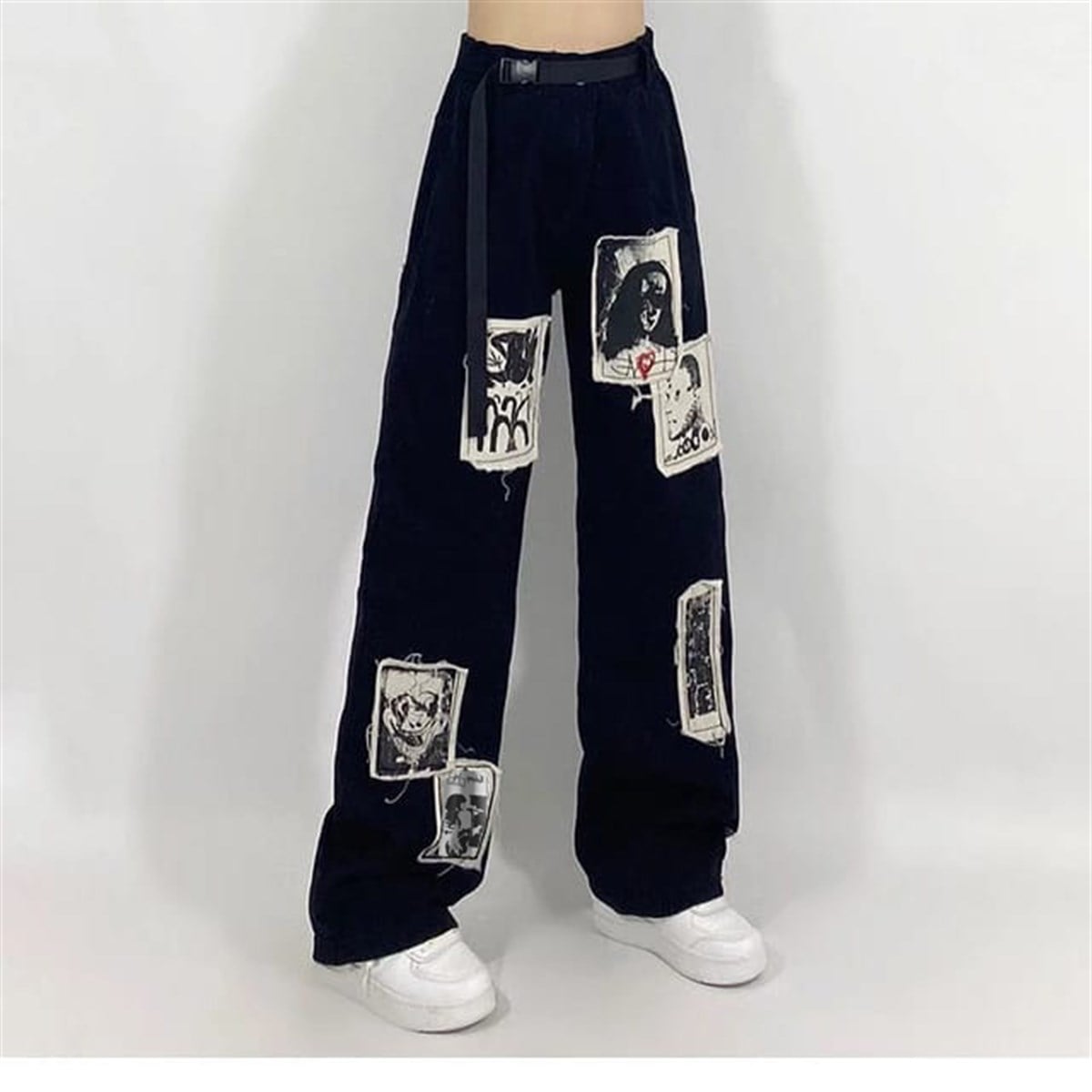Gothic Punk Distressed Appliques Unisex Pantolon