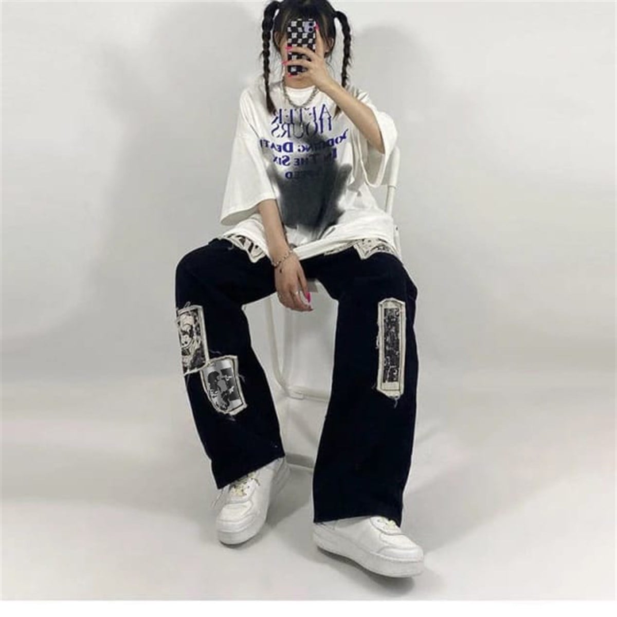 Gothic Punk Distressed Appliques Unisex Pantolon