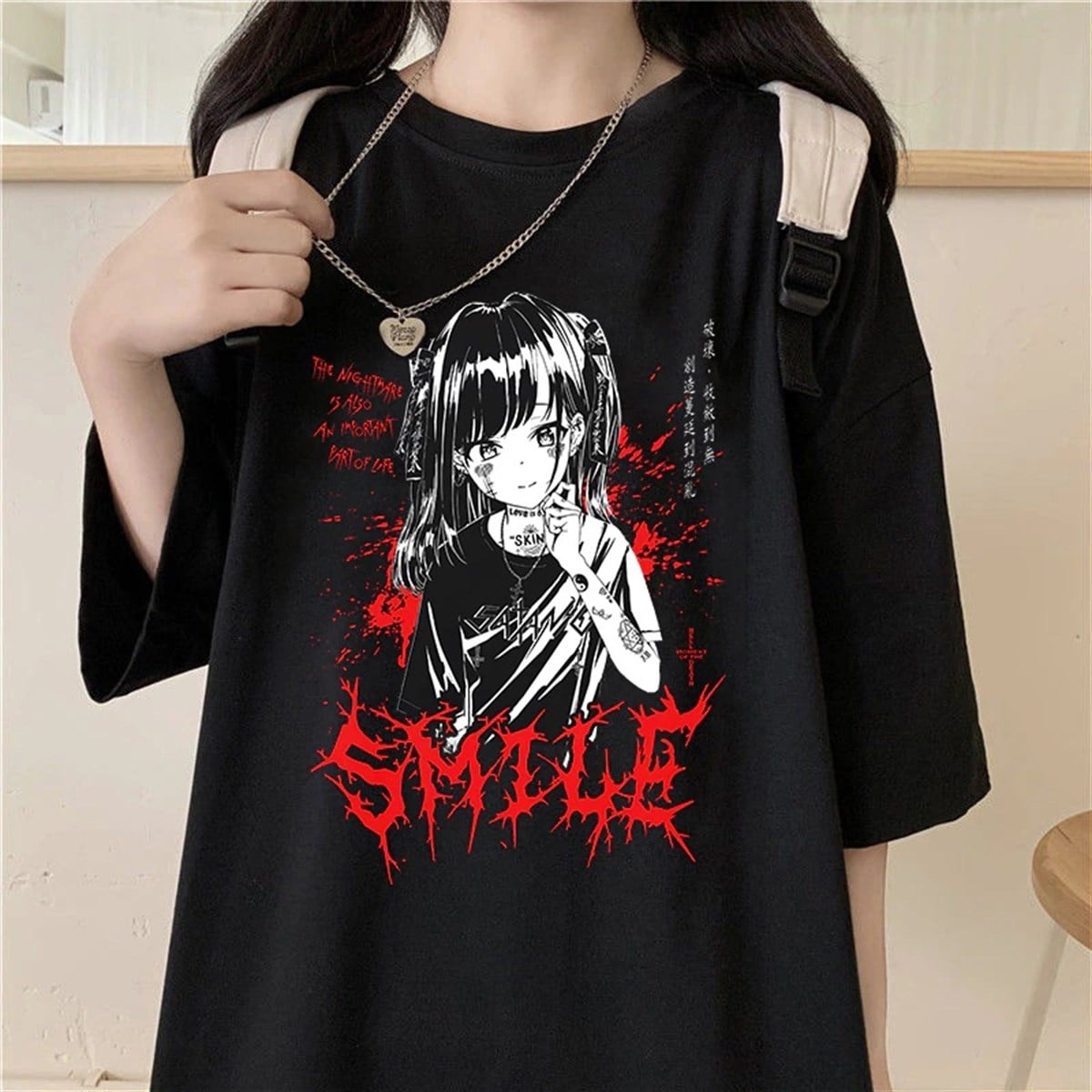 Gothic Punk Smile Siyah Oversize T-Shirt