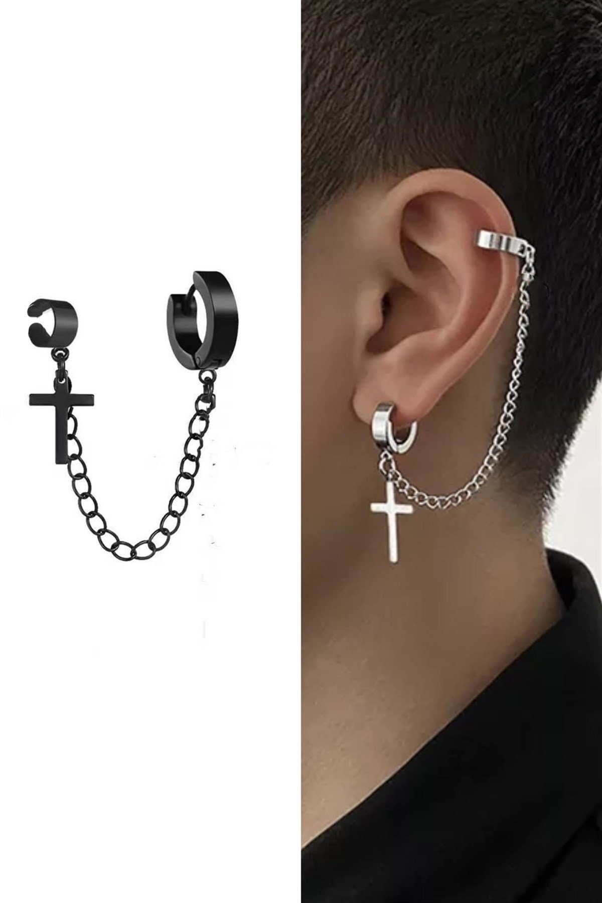 Gothic Siyah Haç Sallantılı Sıkıştırmalı Küpe