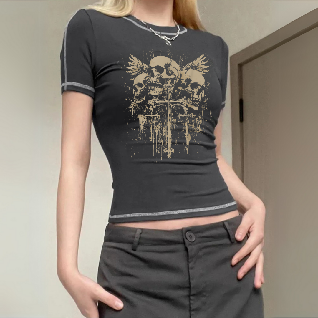 Gothic Skull Antrasit Crop Bluz