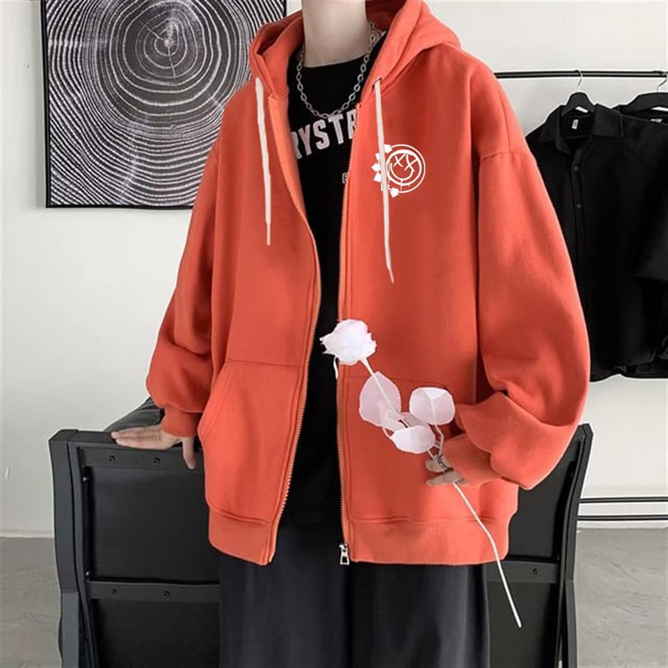 Gothic Smile Baskılı Oversize Fermuarlı Turuncu Unisex Kapüşonlu Hırka