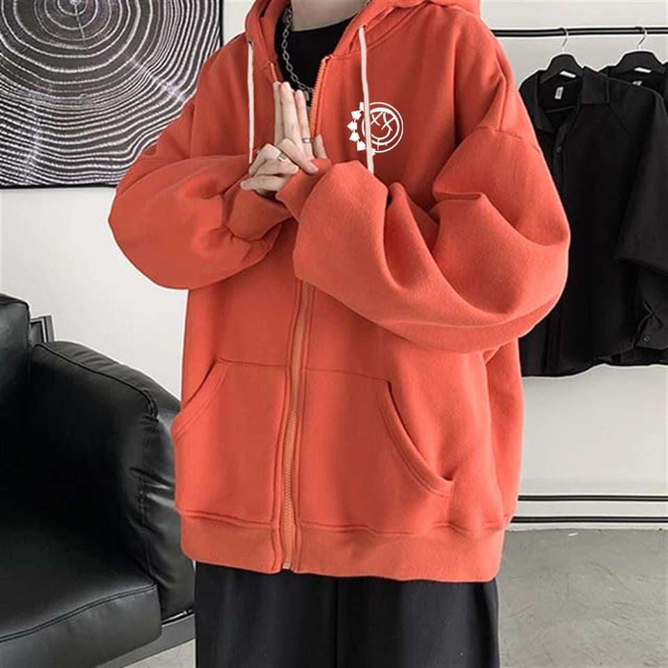Gothic Smile Baskılı Oversize Fermuarlı Turuncu Unisex Kapüşonlu Hırka