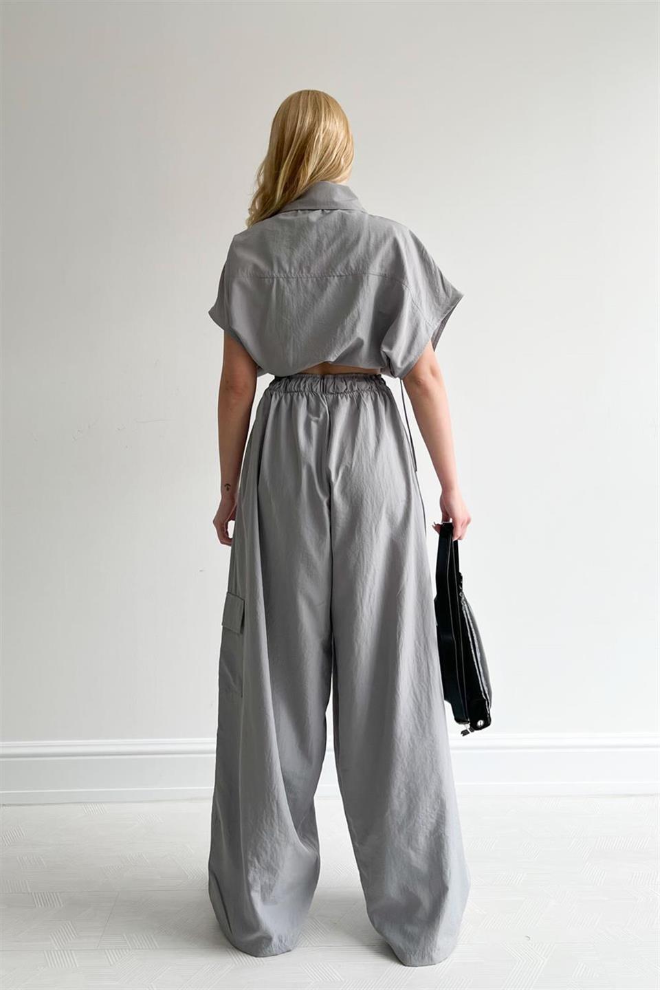 Gri Tactical Wide Leg Cargo Pocket Unisex Pantolon