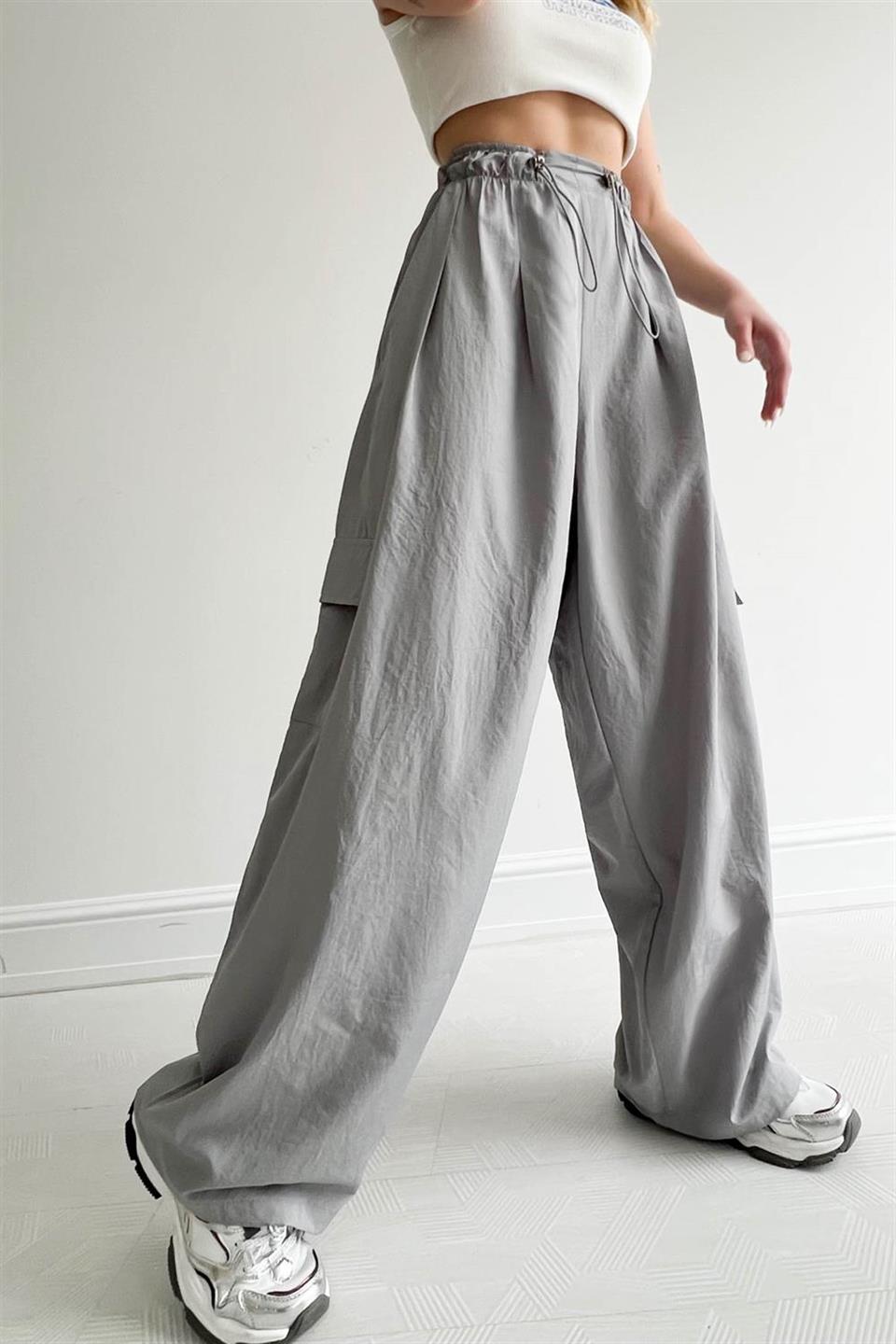 Gri Tactical Wide Leg Cargo Pocket Unisex Pantolon