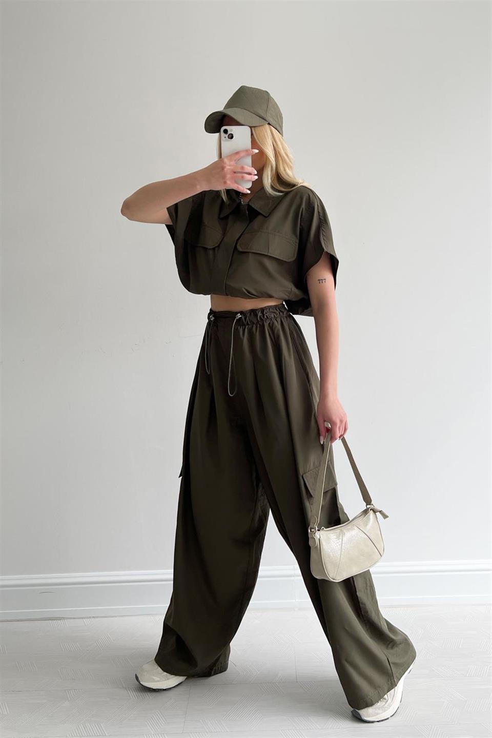 Haki Tactical Wide Leg Cargo Pocket Unisex Pantolon