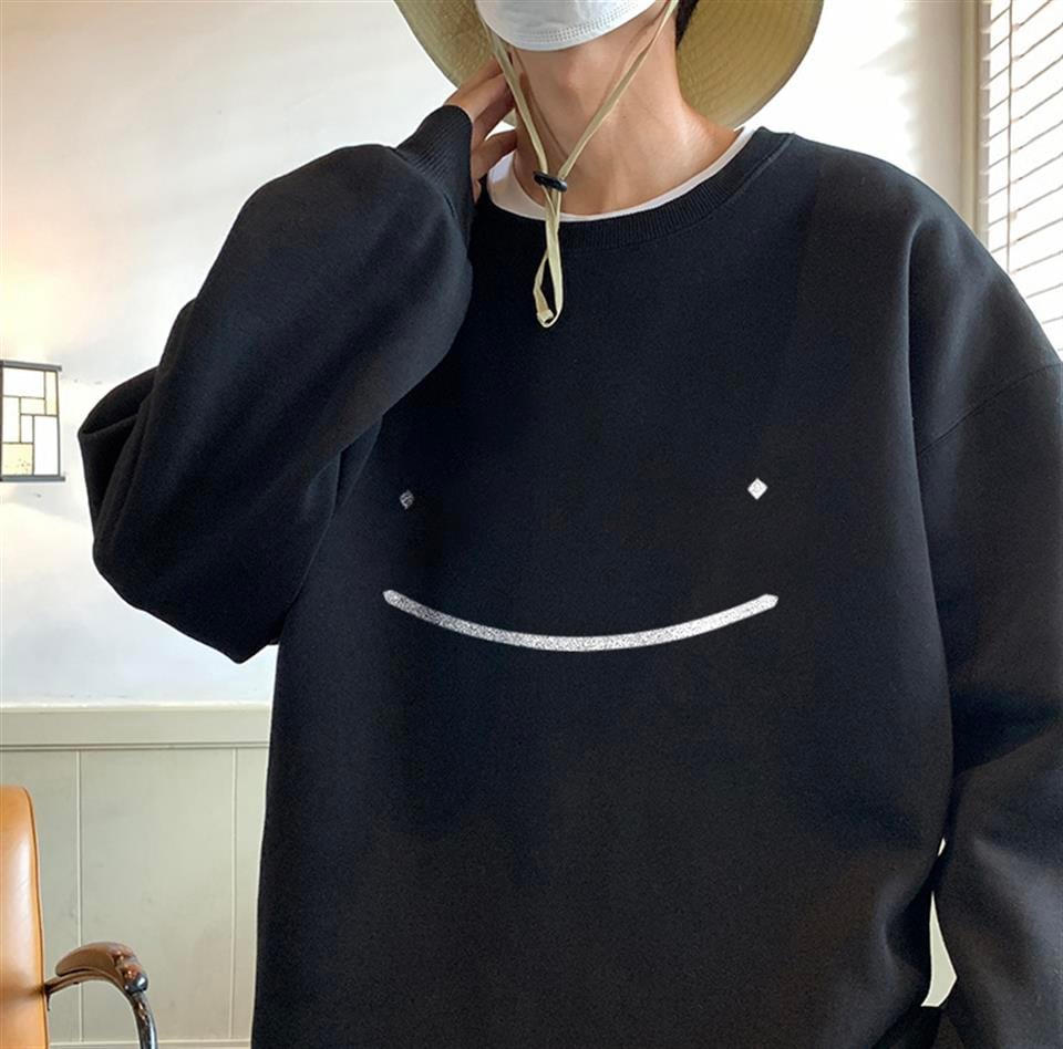 Half Smile Baskılı Siyah Unisex Oversize Bisiklet Yaka Sweatshirt