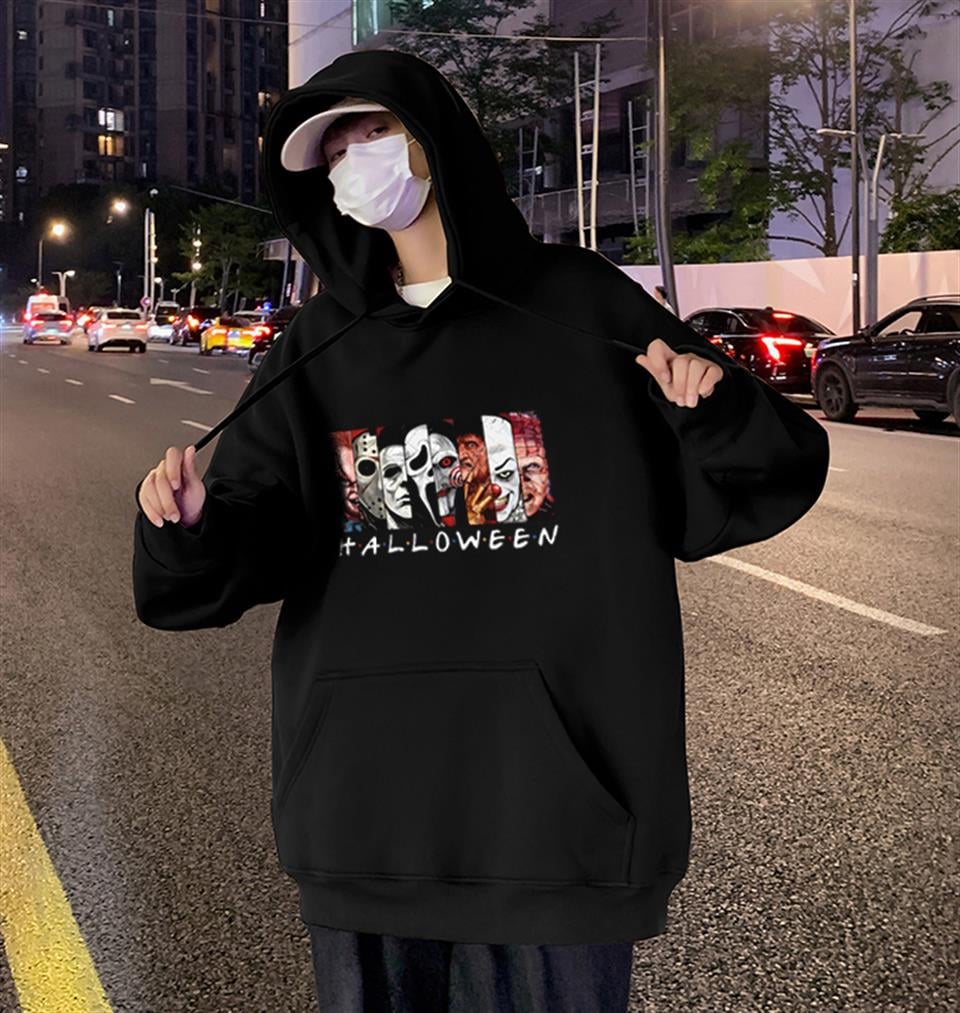 Halloween Bad Characters Baskılı Siyah Unisex Oversize Kapüşonlu Sweatshirt